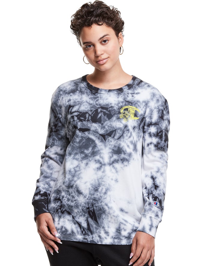 Champion Womens T-Shirt NZ - Galaxy Dye Long-Sleeve Boyfriend C Flower Logo White/Black ( 1849-MDXKZ